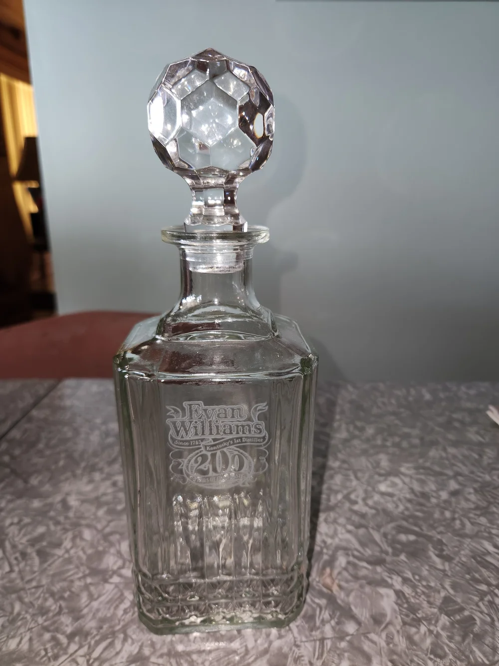 William Evams Clear Glass 200  Years Anniversary  Decanter with Faceted Stopper